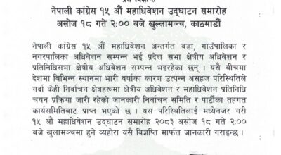 काँग्रेसको १५औँ राष्ट्रिय महाधिवेशनः १८ असोजमा उद्घाटन, पदाधिकारी निर्वाचन २१ र २२ मा